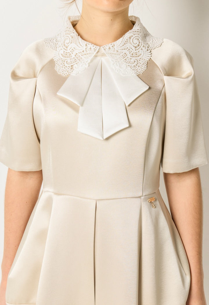 Lace Collar Bow Front Dress Champagne