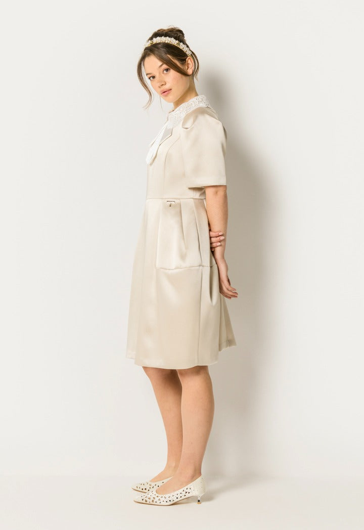 Lace Collar Bow Front Dress Champagne