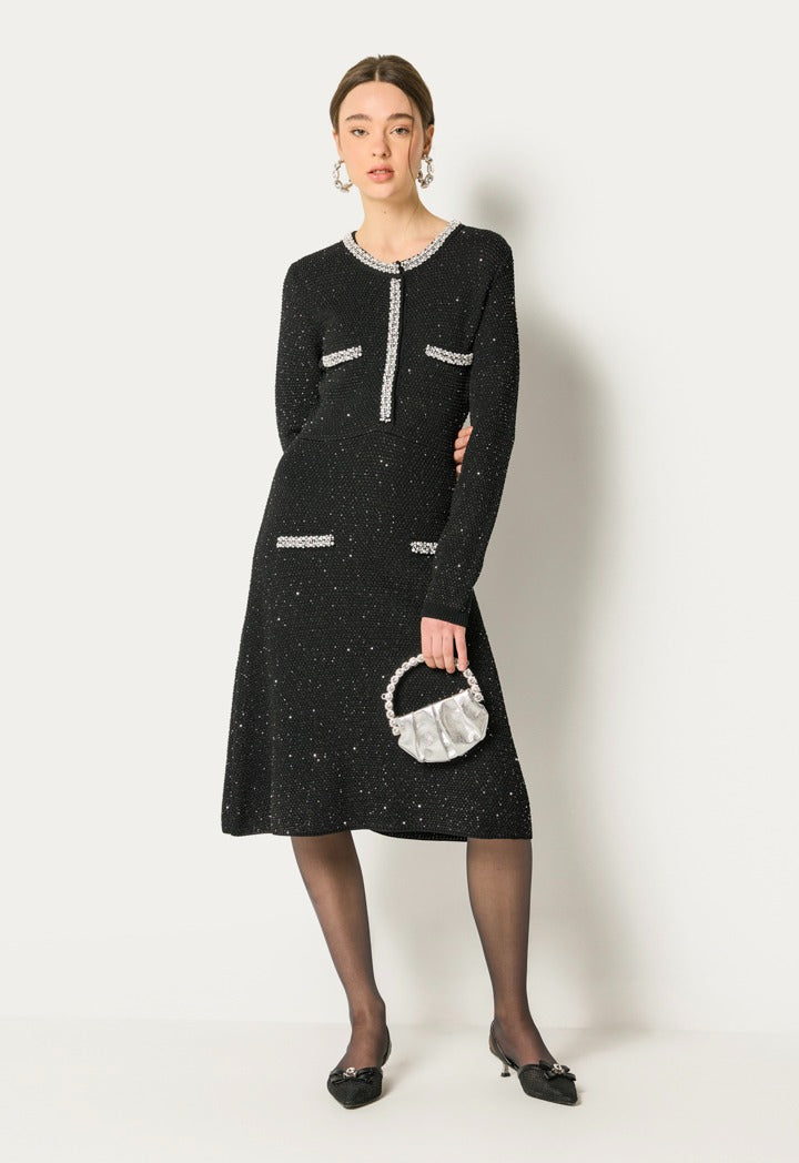 Tweed Cystal Embellished Dress Black