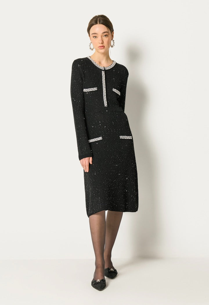 Tweed Cystal Embellished Dress Black