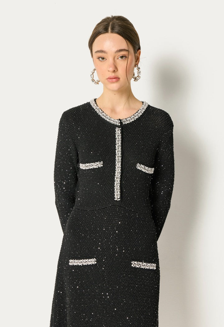 Tweed Cystal Embellished Dress Black