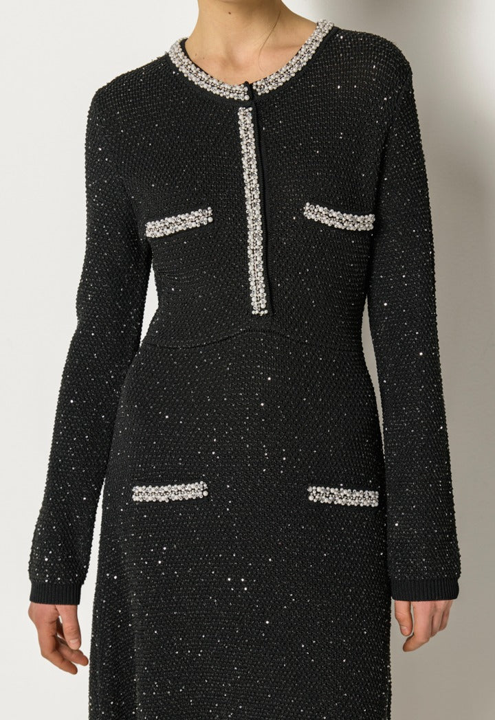 Tweed Cystal Embellished Dress Black
