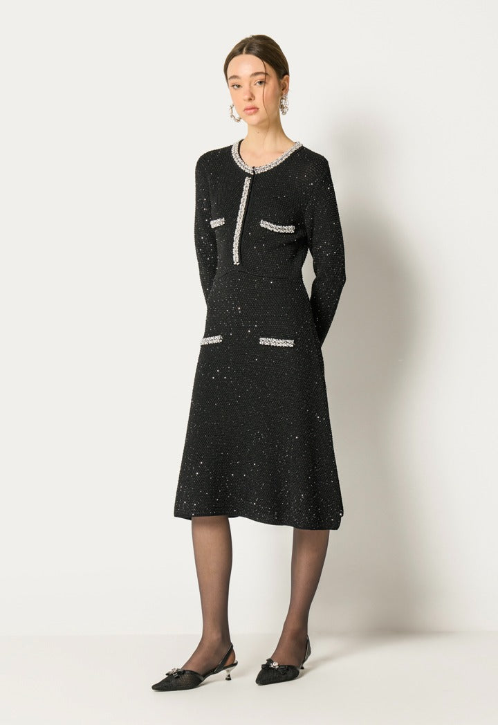 Tweed Cystal Embellished Dress Black
