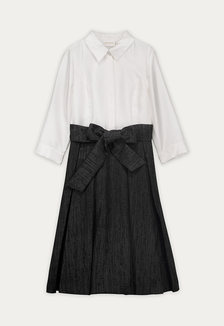 Contrast Jacquard Belt Dress Black-White