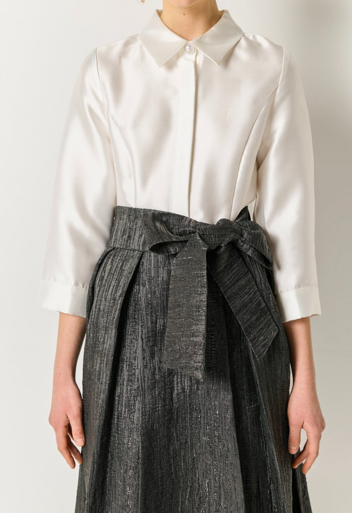 Contrast Jacquard Belt Dress Black-White