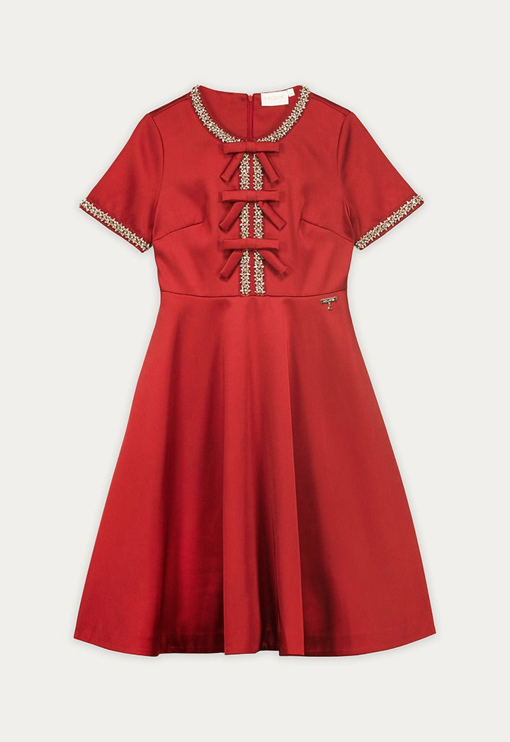 Crystal Trim Ribbon Front Dress Burgundy