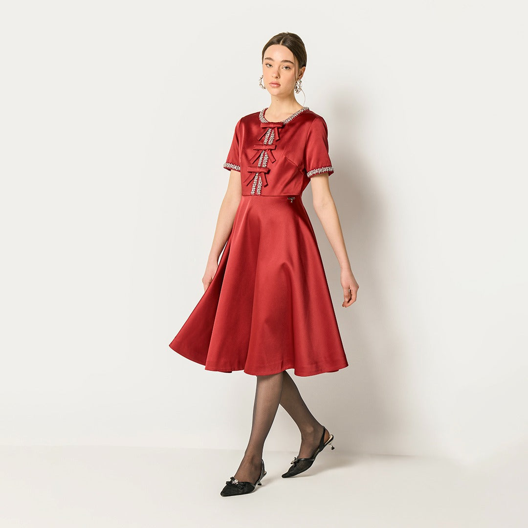 Crystal Trim Ribbon Front Dress Burgundy