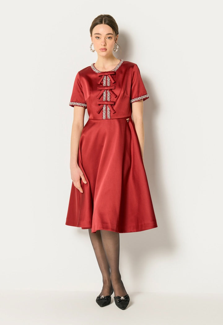 Crystal Trim Ribbon Front Dress Burgundy