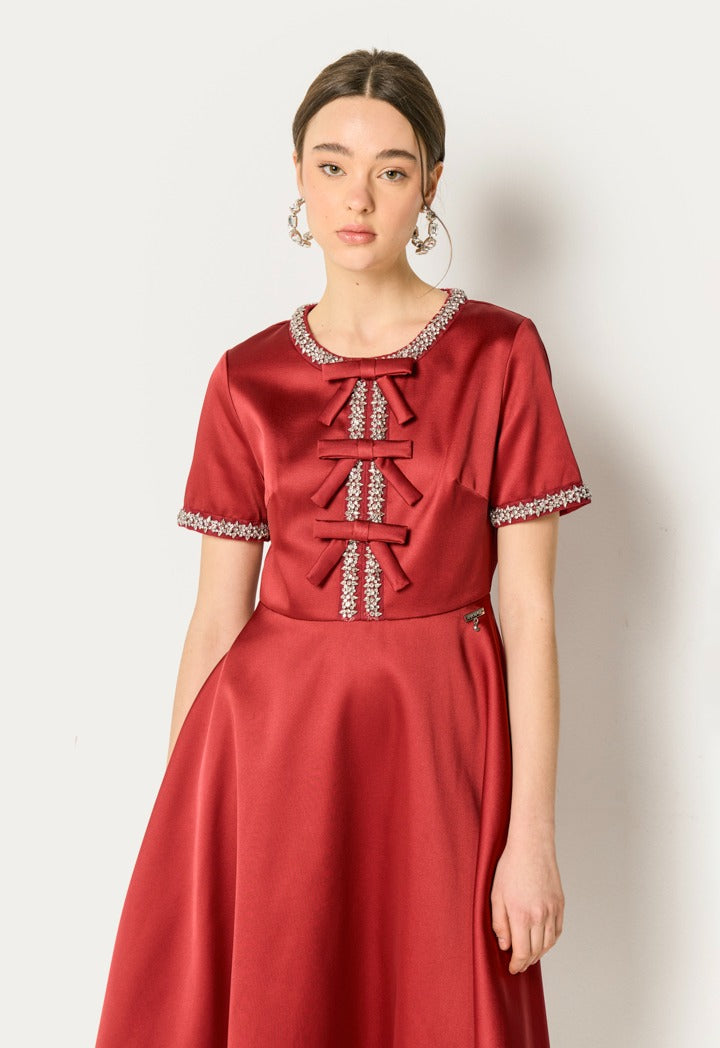 Crystal Trim Ribbon Front Dress Burgundy