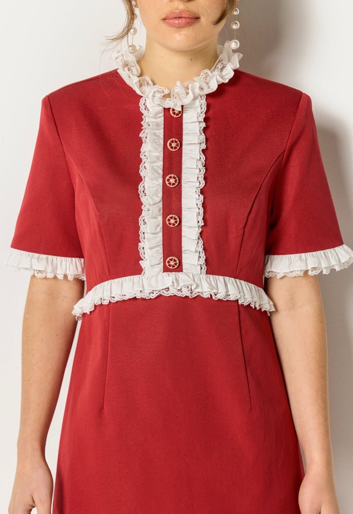 Lace Ruffle Button Front Dress Burgundy