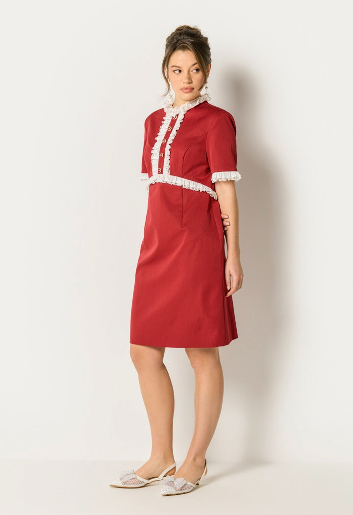 Lace Ruffle Button Front Dress Burgundy