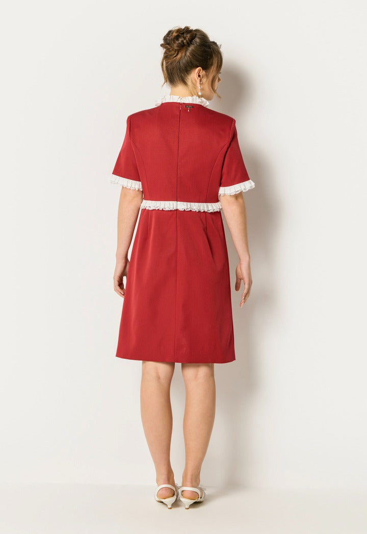 Lace Ruffle Button Front Dress Burgundy