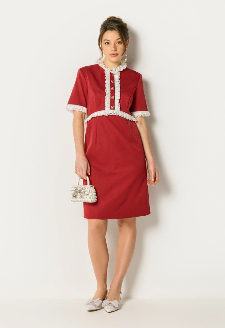 Lace Ruffle Button Front Dress Burgundy