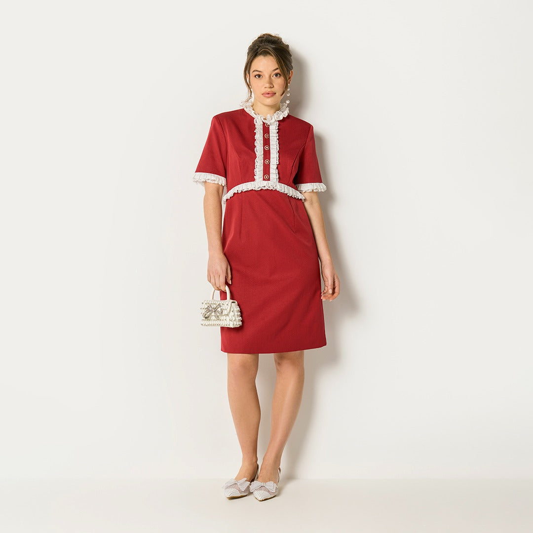 Lace Ruffle Button Front Dress Burgundy