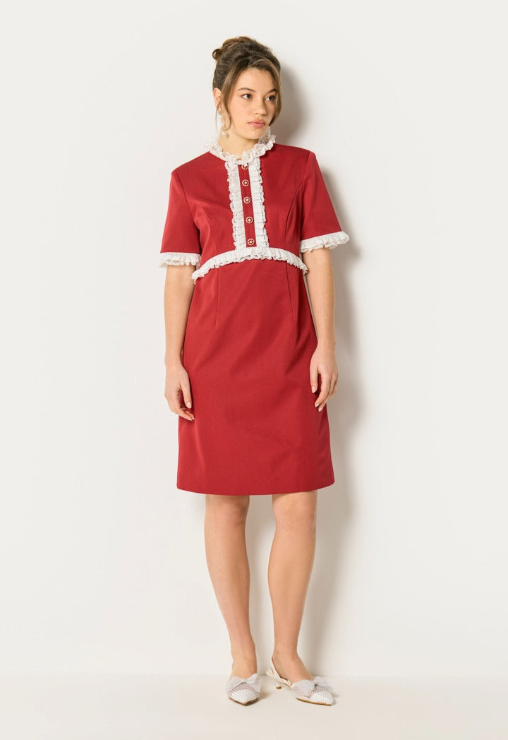 Lace Ruffle Button Front Dress Burgundy