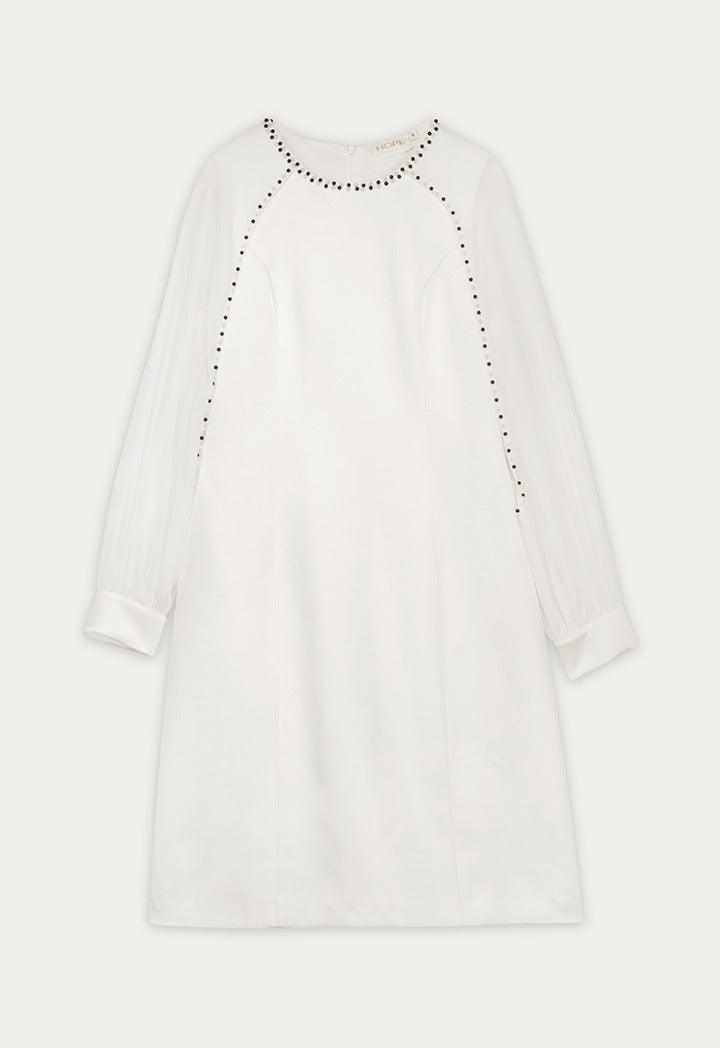 Pearl Trim Sheer Sleeve Dress Off White