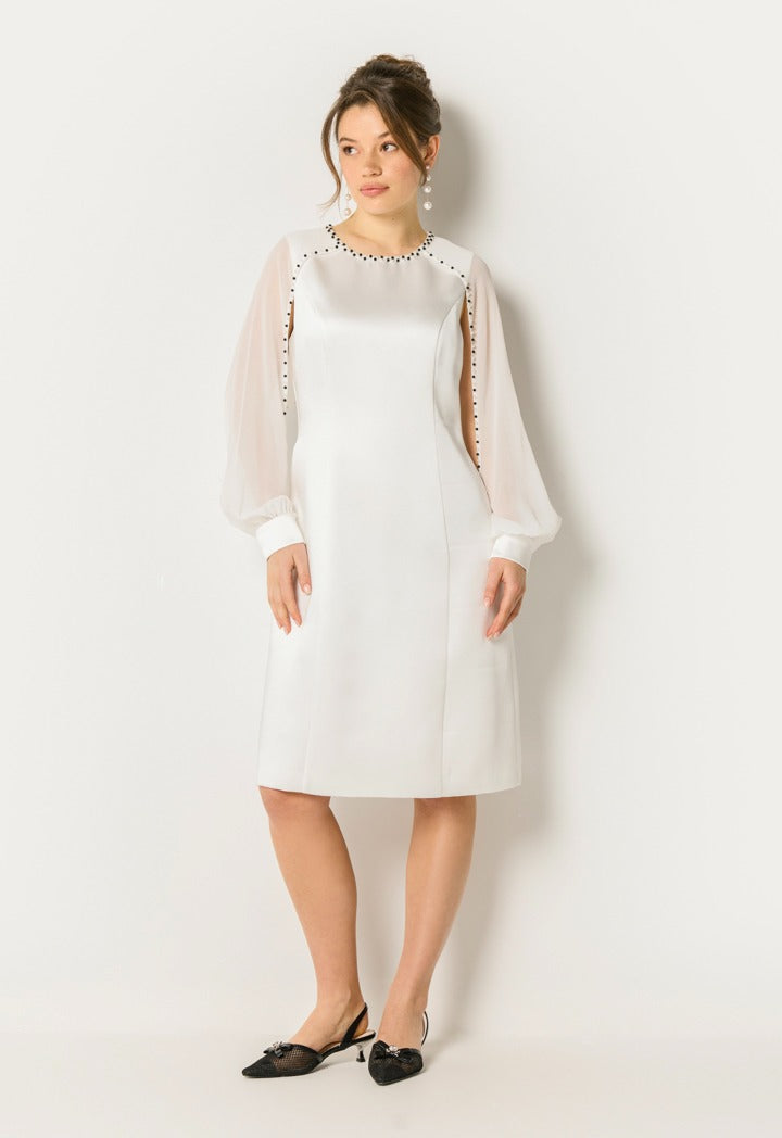 Pearl Trim Sheer Sleeve Dress Off White