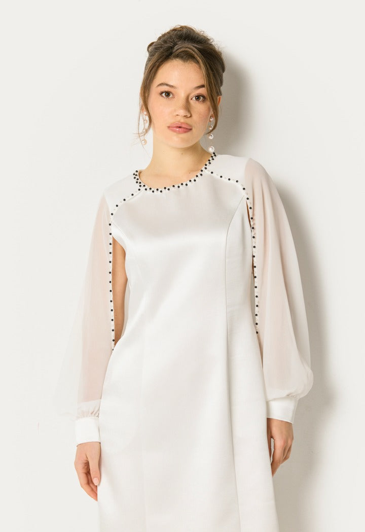 Pearl Trim Sheer Sleeve Dress Off White
