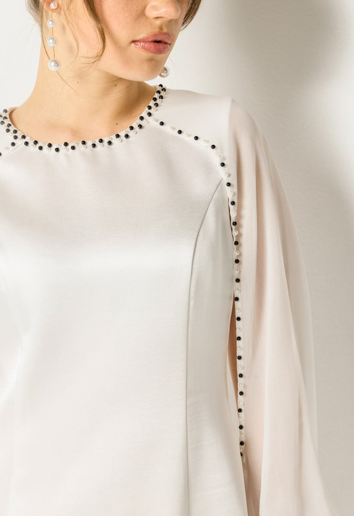 Pearl Trim Sheer Sleeve Dress Off White
