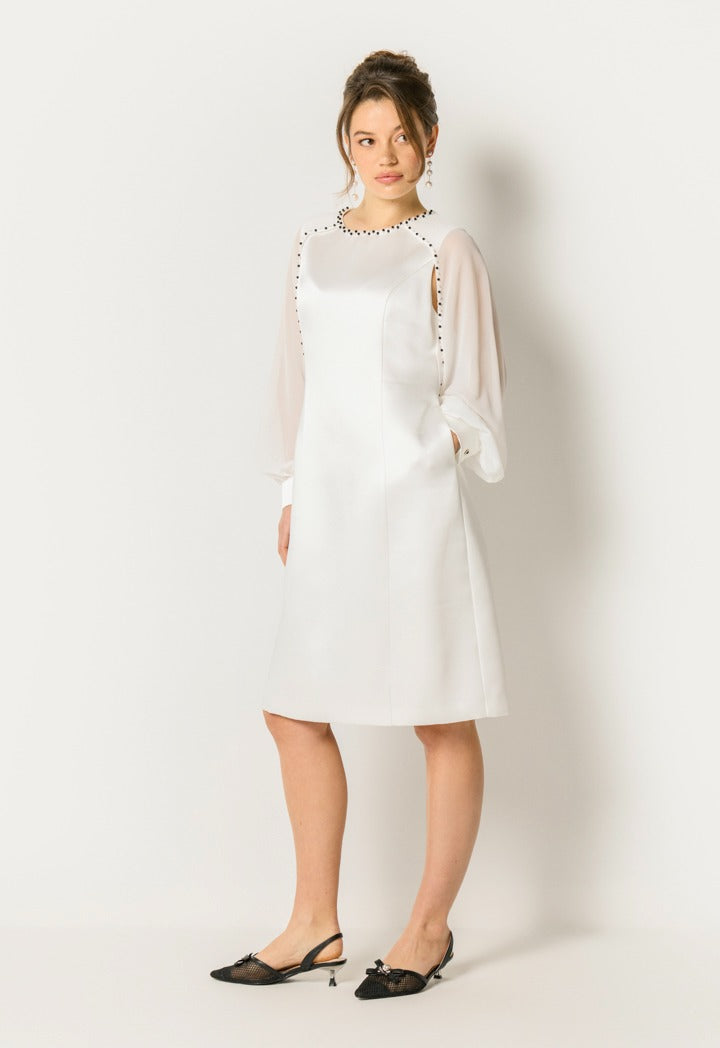 Pearl Trim Sheer Sleeve Dress Off White