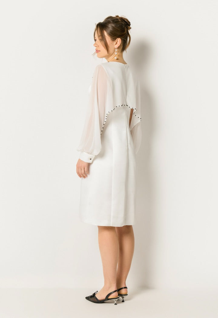Pearl Trim Sheer Sleeve Dress Off White