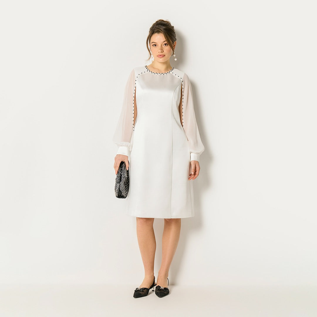 Pearl Trim Sheer Sleeve Dress Off White