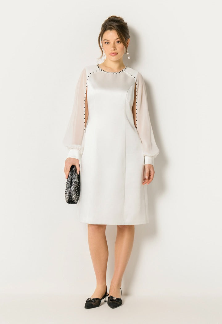 Pearl Trim Sheer Sleeve Dress Off White