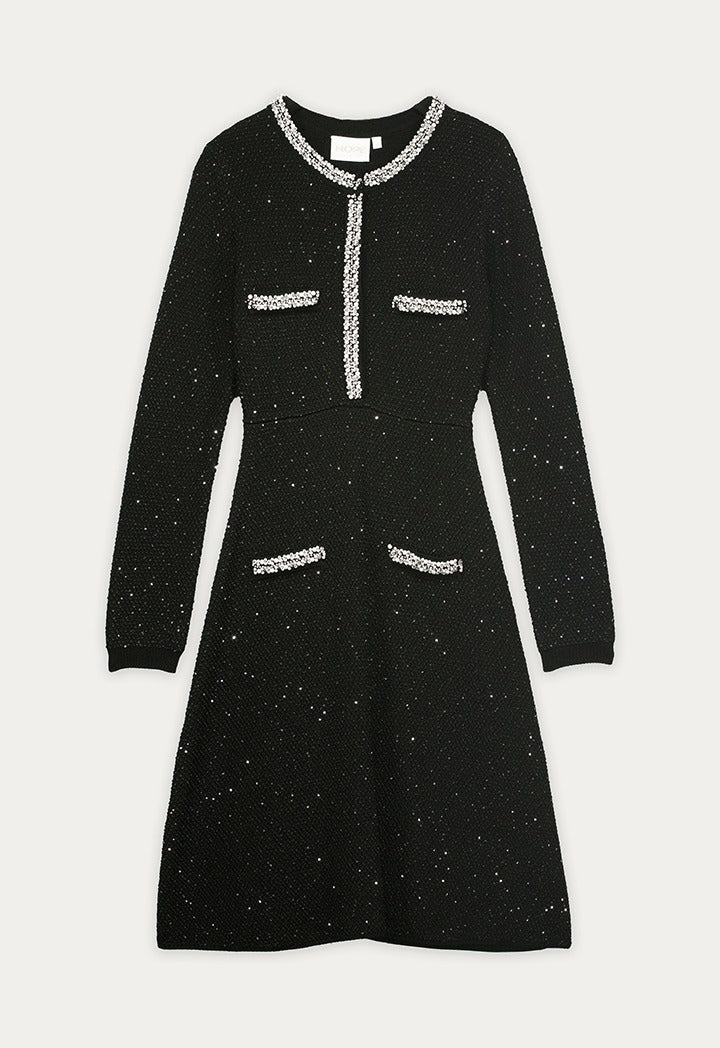 Tweed Cystal Embellished Dress Black