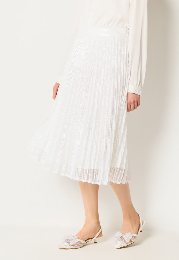 Sequin Embellished Pleated Skirt White