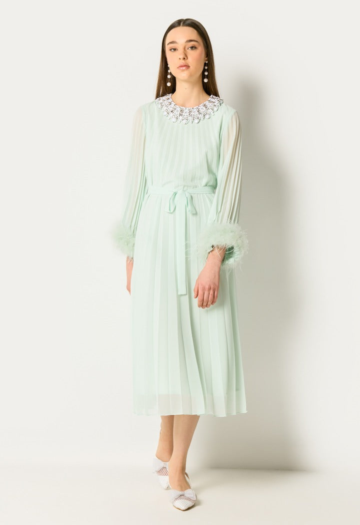 Crystal Embellished Pleated Dress Mint