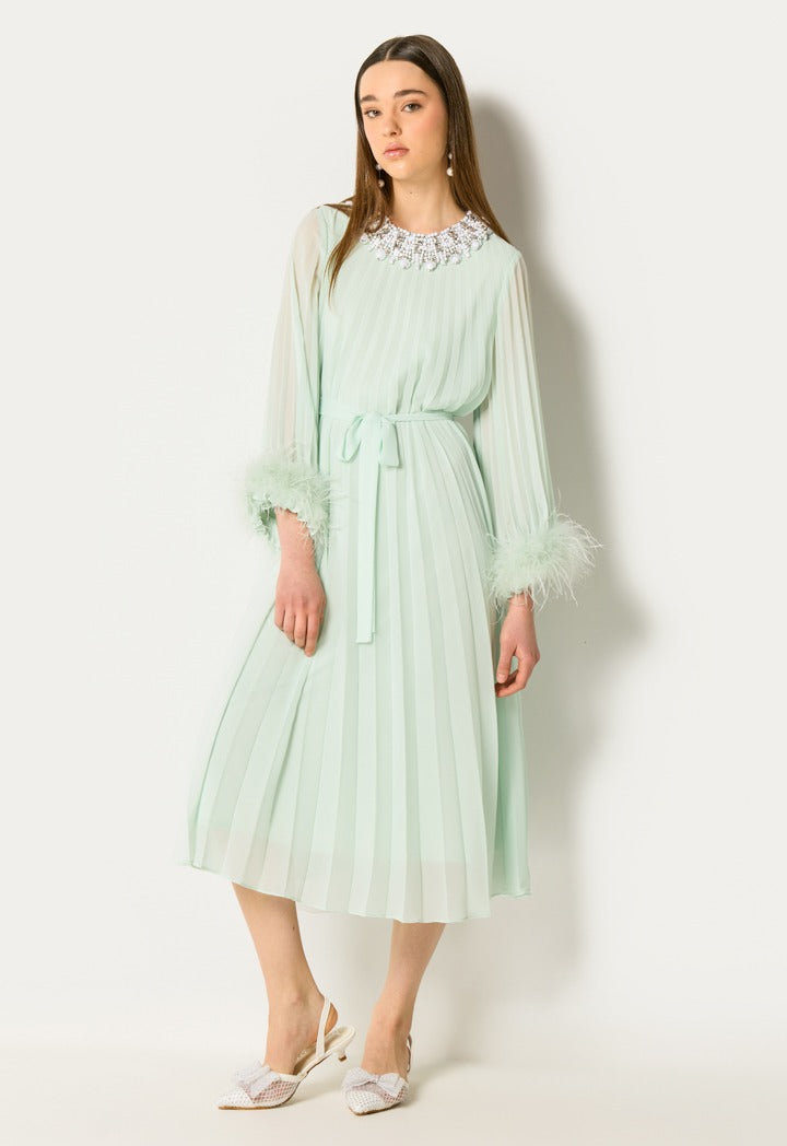 Crystal Embellished Pleated Dress Mint