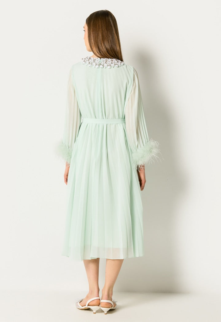 Crystal Embellished Pleated Dress Mint