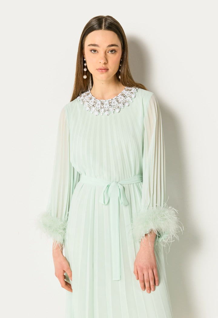 Crystal Embellished Pleated Dress Mint