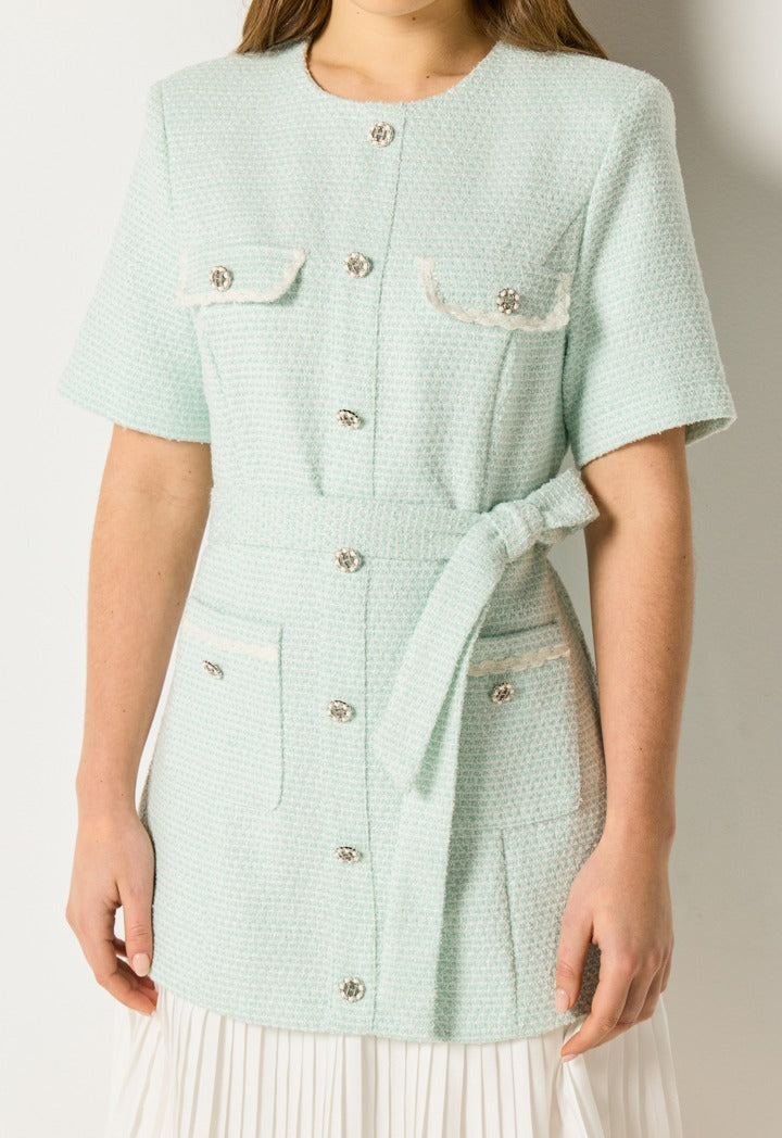 Tweed Lurex Pleated Dress Mint