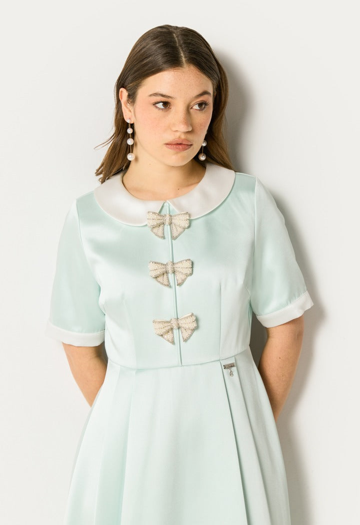 Pleated Bow Embellished Dress Mint