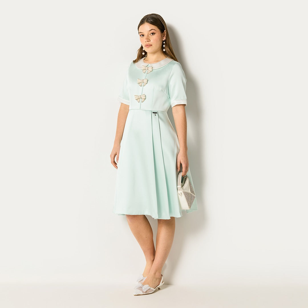 Pleated Bow Embellished Dress Mint