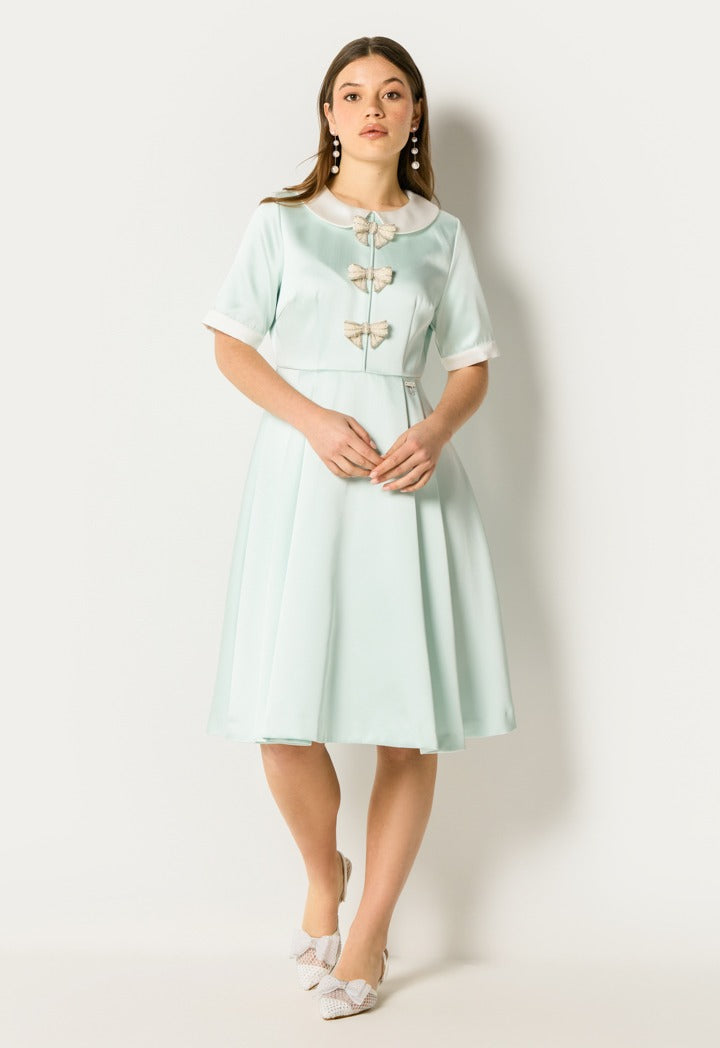 Pleated Bow Embellished Dress Mint