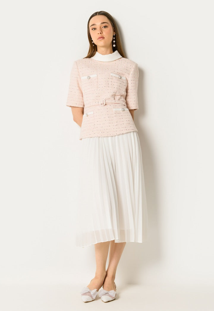 Pleated Skirt With Tweeted Jacket Dress Pink