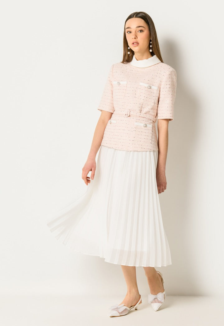Pleated Skirt With Tweeted Jacket Dress Pink