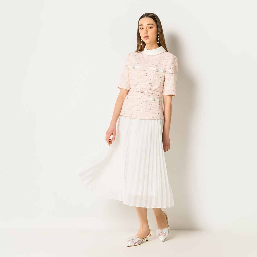 Pleated Skirt With Tweeted Jacket Dress Pink