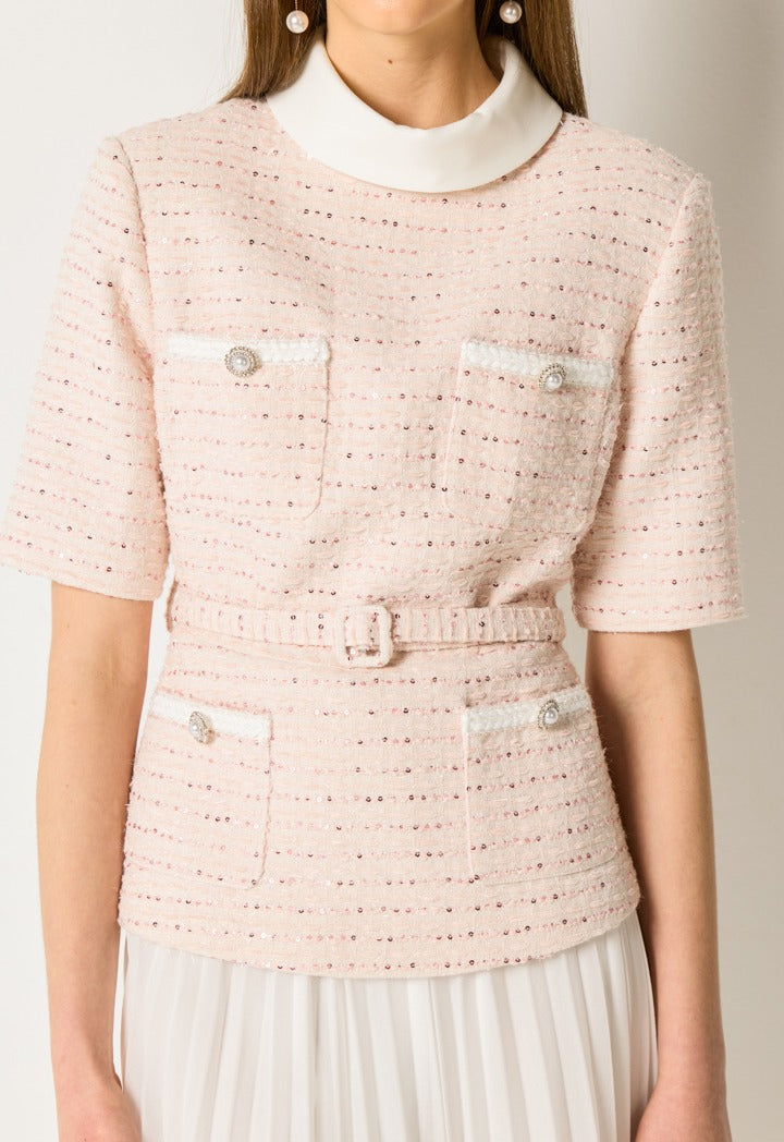 Pleated Skirt With Tweeted Jacket Dress Pink