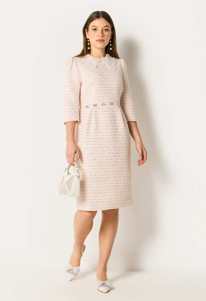Crochet Collar Sequin Dress Pink