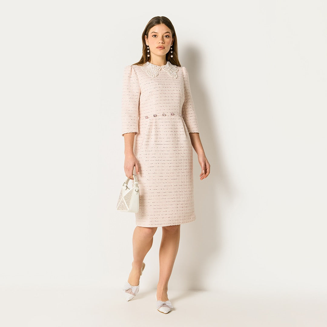 Crochet Collar Sequin Dress Pink