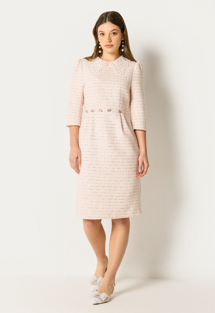 Crochet Collar Sequin Dress Pink