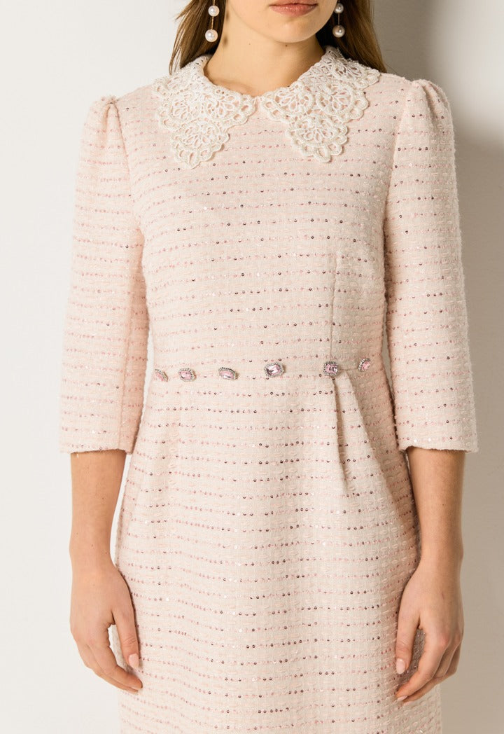 Crochet Collar Sequin Dress Pink