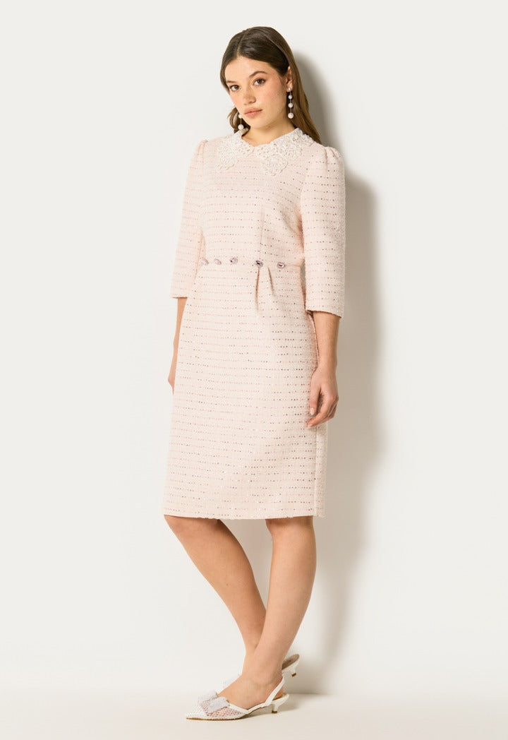 Crochet Collar Sequin Dress Pink