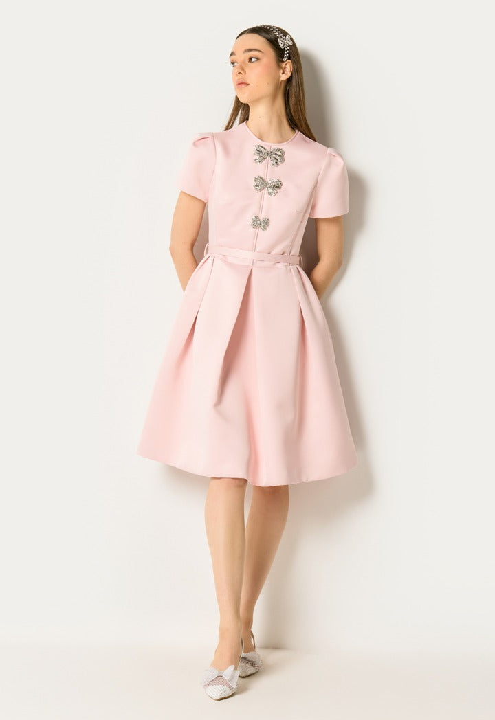 Pleated Bow Embellished Dress Pink