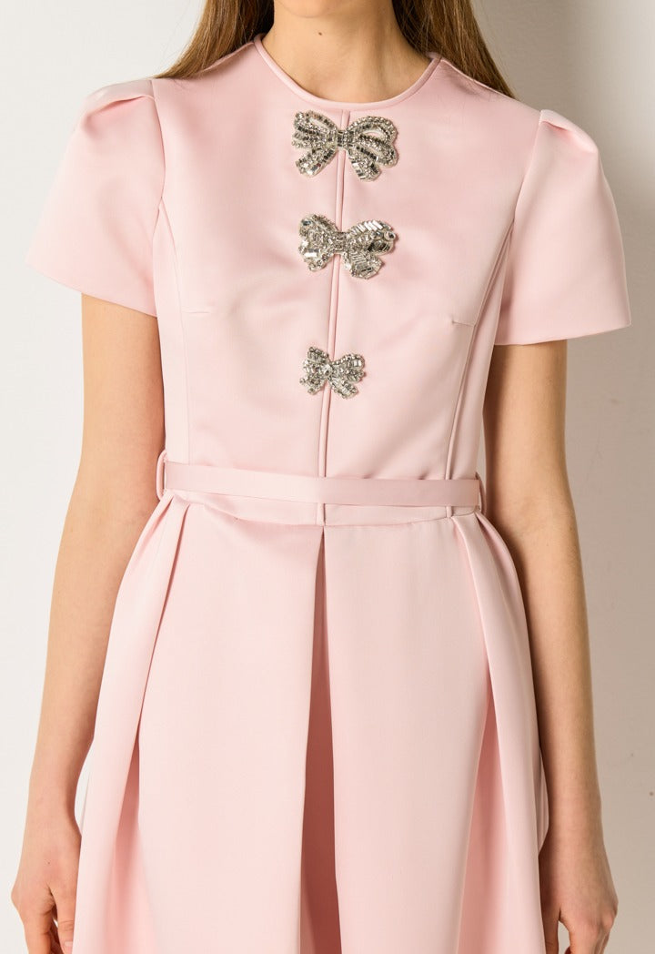 Pleated Bow Embellished Dress Pink