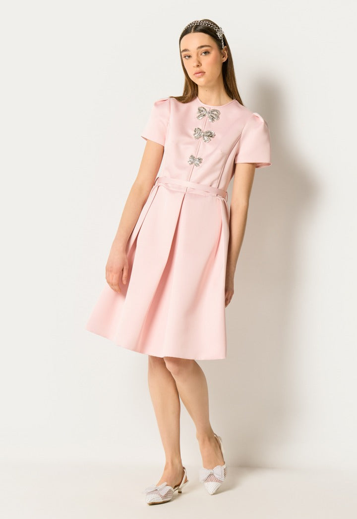 Pleated Bow Embellished Dress Pink