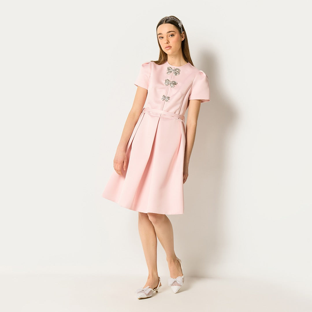 Pleated Bow Embellished Dress Pink